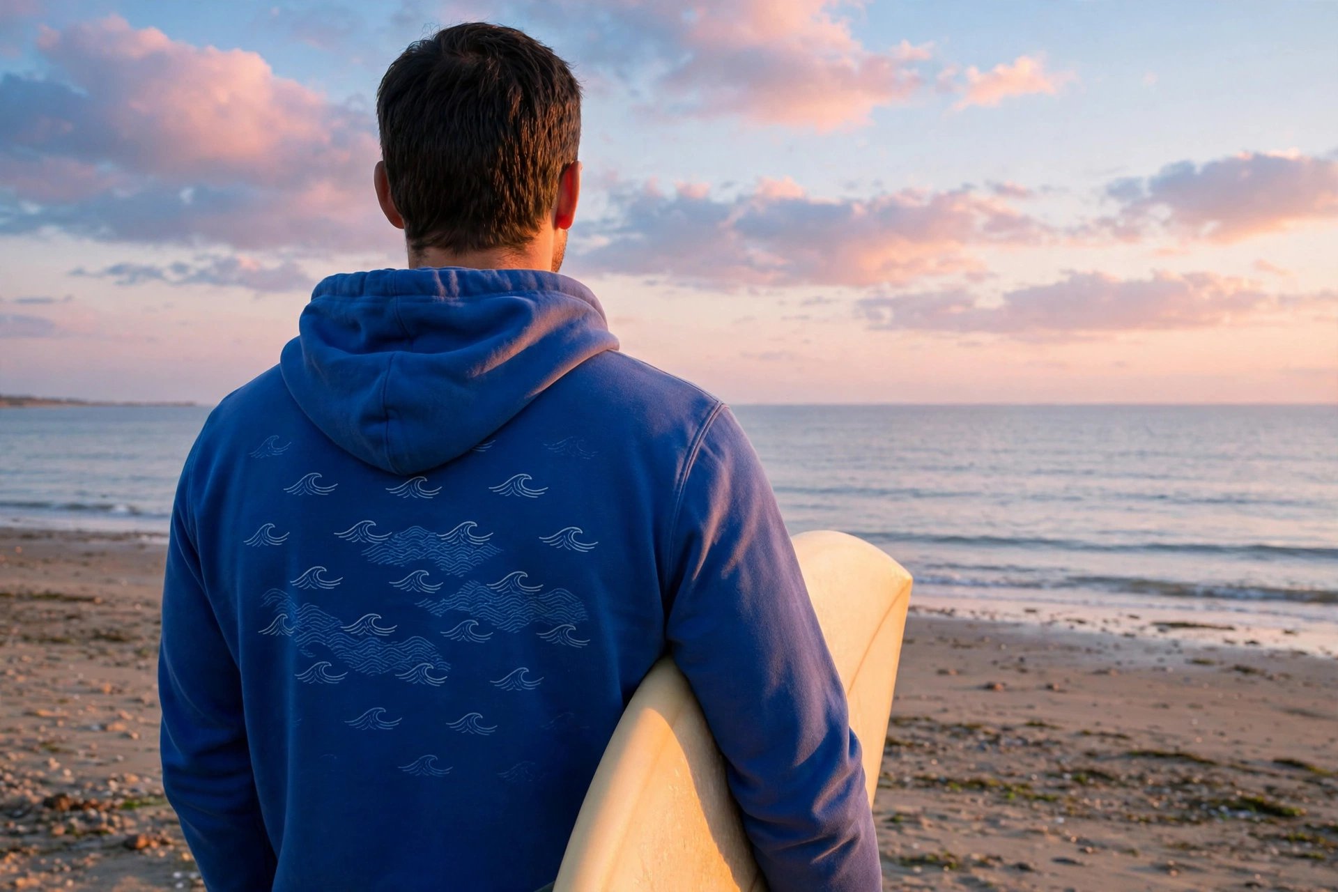 Adult wearing a surf hoodie on the beach at sunrise