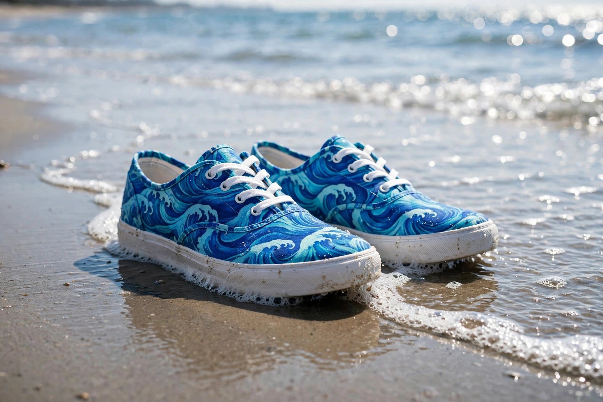 Pair of adult printed surf shoes on wet sand