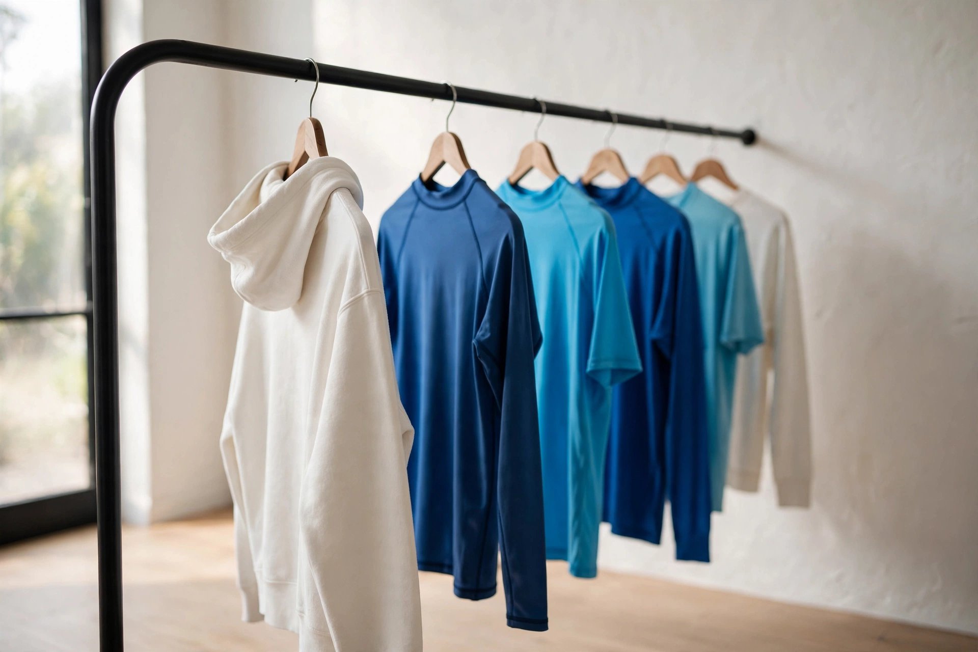 Clothing rack with new adult surf apparel arrivals