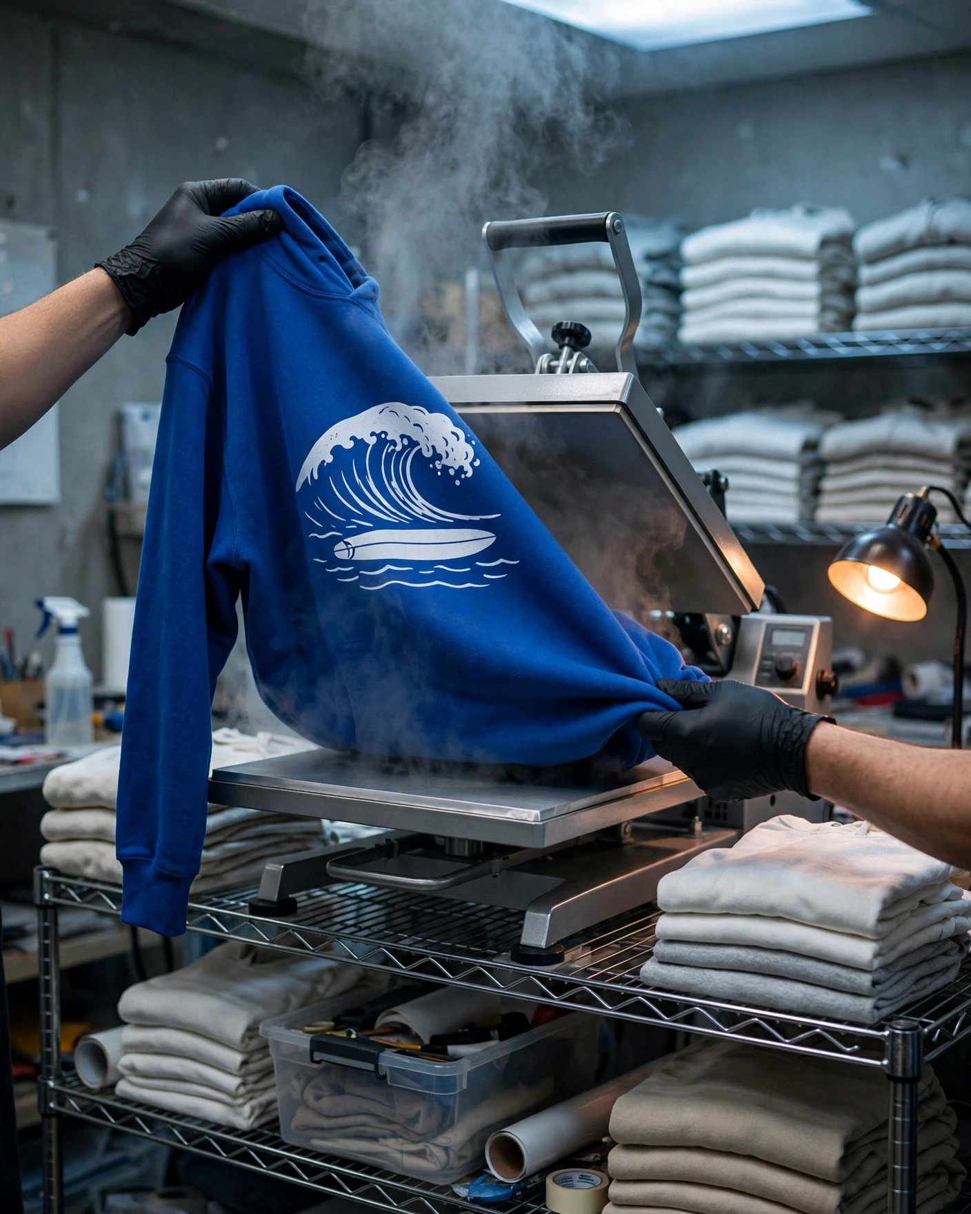 Freshly printed adult surf hoodie being lifted from a print press