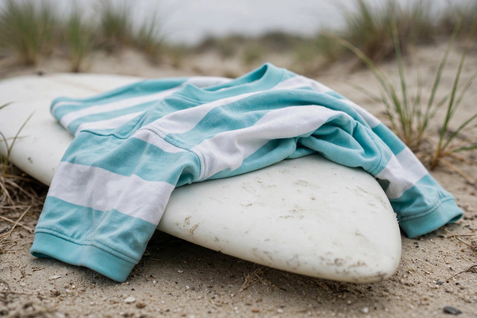 Adult surf jersey draped over a surfboard on the sand