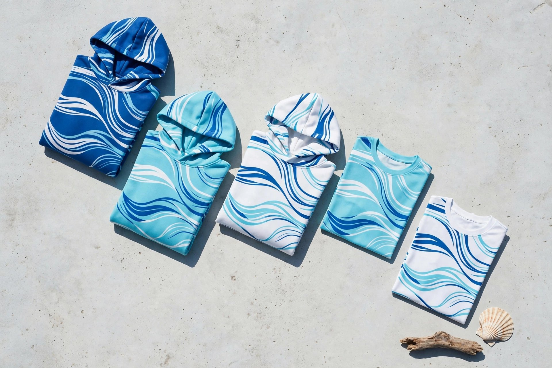 Folded adult surf hoodies and tops from the Best Sellers collection
